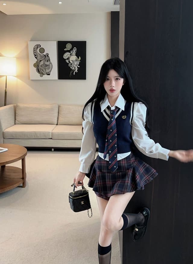 실사 정가 학원 스타일 세트 여성 패치워크 색상 니트 뒤로 심장 안에 가져 가라. jk 셔츠 맨위 체크무늬 치마바지 3종 세트