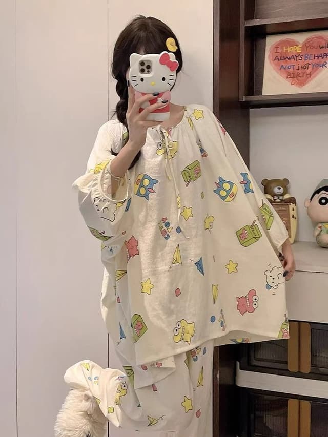 6 꽃 종류 레이스업 잠옷 여성 라운드 넥 풀오버 구름 면 긴팔 긴 바지 달콤함 루즈핏 가정 서비스 세트