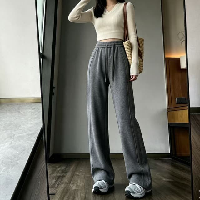 회색 와이드 레깅스 바지 봄 가을 새로운 하이웨이스트 도루 센스 캐주얼 스트레이트 웨이 바지 좁은 에디션 바나나 운동